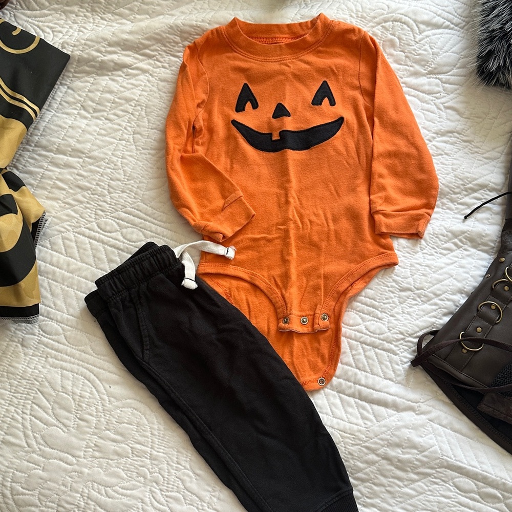 Orange Pumpkin Onesie with Black Pants size 18 months